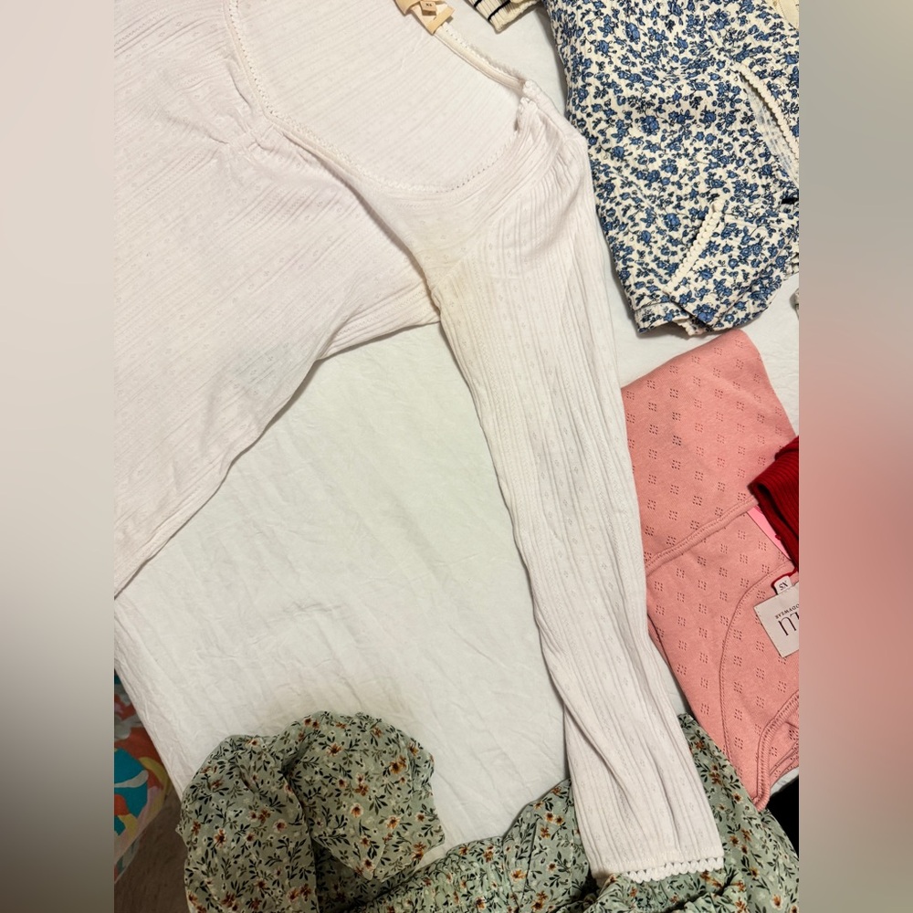 Sezane White Pointelle T-French 34/XS, 3/4 Sleeve-Light Stains, I will bleach - Picture 11 of 11